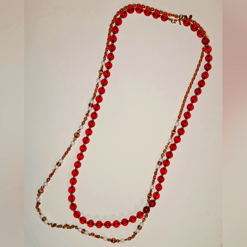 (2) Vintage Long Gold Tone MONET Necklaces - Red Glass, White Lucite Bea…